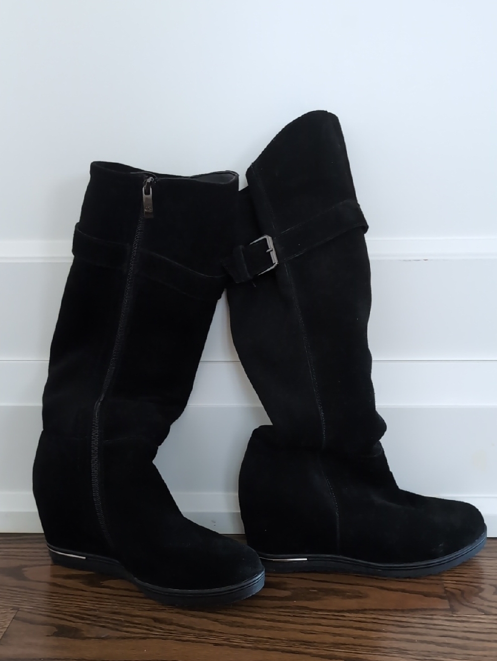 Women's Black Suede Wedge Knee Boots